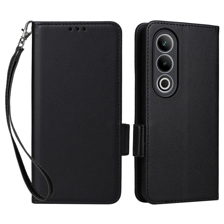 For OnePlus Nord CE4 5G / Oppo K12 Leather Case with Hand Strap Litchi Texture Wallet Cover - Black