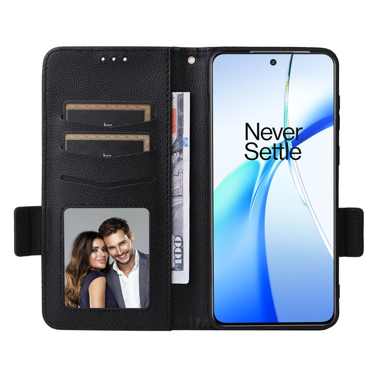 For OnePlus Nord CE4 5G / Oppo K12 Leather Case with Hand Strap Litchi Texture Wallet Cover - Black