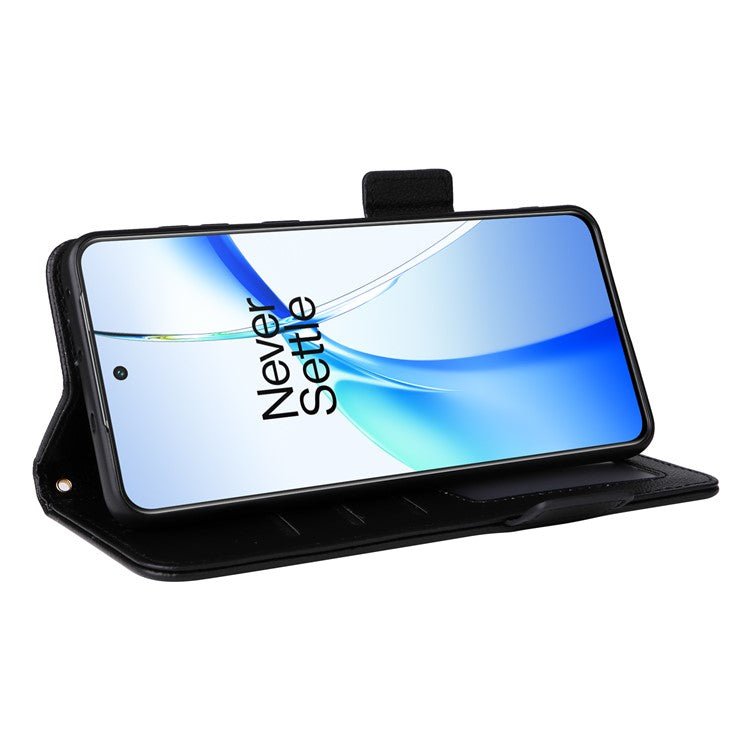 For OnePlus Nord CE4 5G / Oppo K12 Leather Case with Hand Strap Litchi Texture Wallet Cover - Black