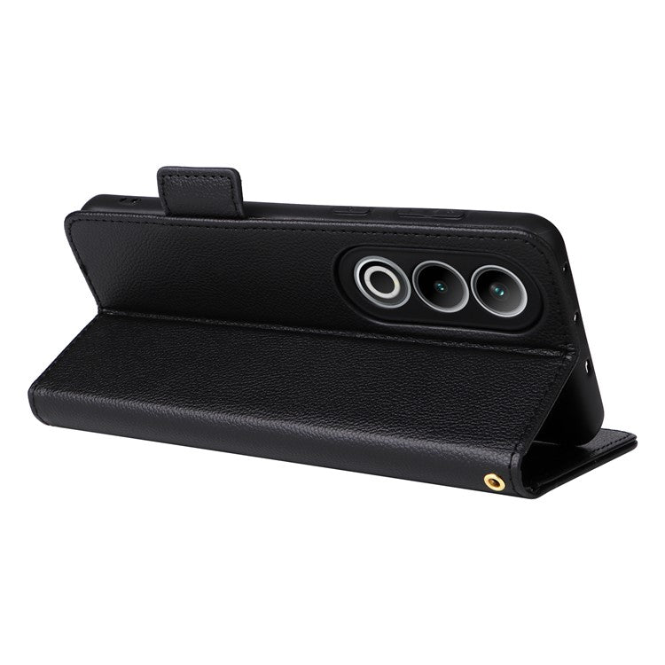 For OnePlus Nord CE4 5G / Oppo K12 Leather Case with Hand Strap Litchi Texture Wallet Cover - Black