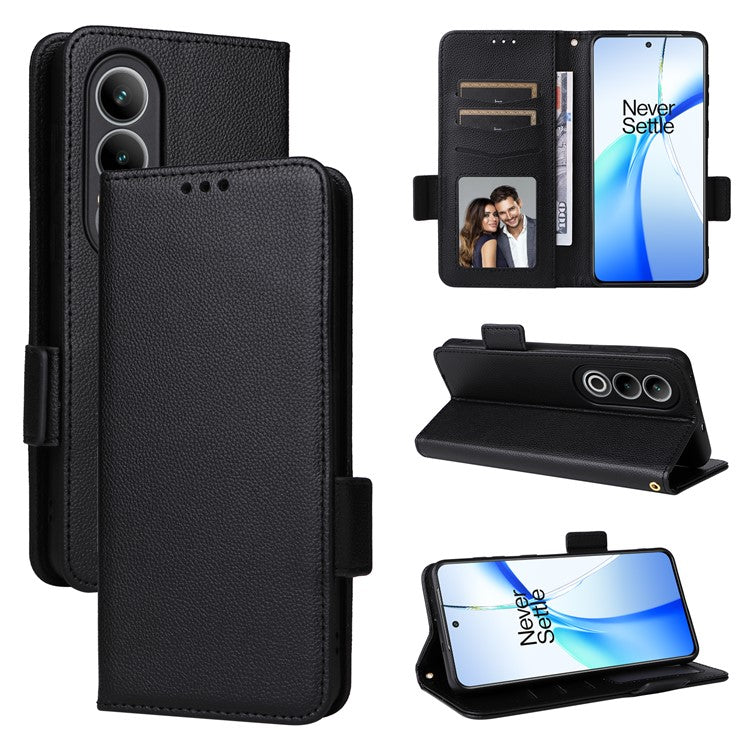 For OnePlus Nord CE4 5G / Oppo K12 Leather Case with Hand Strap Litchi Texture Wallet Cover - Black