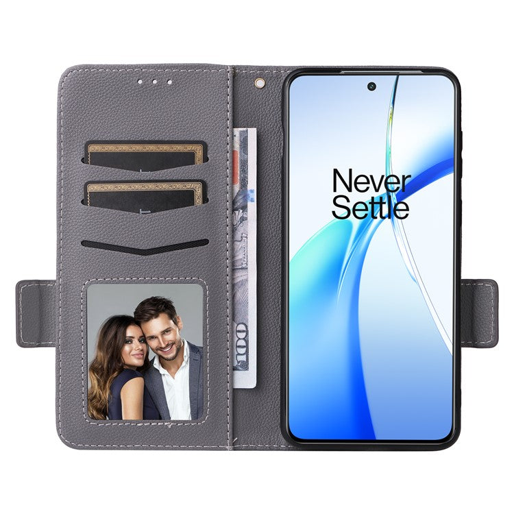 For OnePlus Nord CE4 5G / Oppo K12 Leather Case with Hand Strap Litchi Texture Wallet Cover - Grey