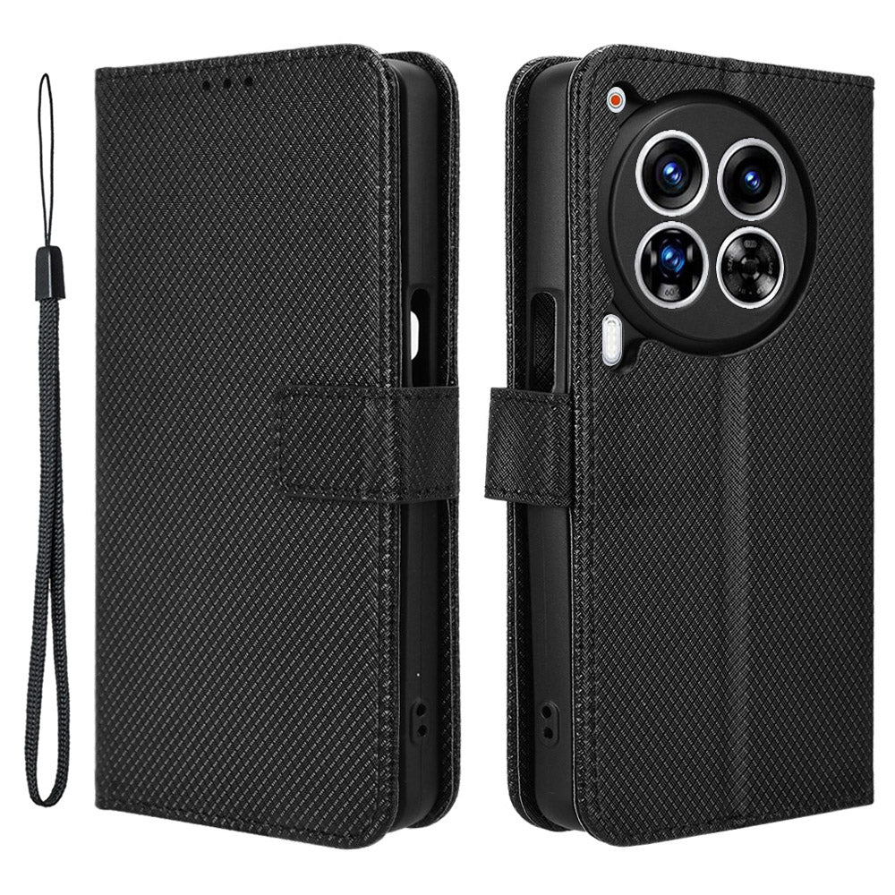 For Transsion Tecno Camon 30 Premier 5G CL9 Case Diamond Texture Leather Phone Cover with Wrist Strap - Black