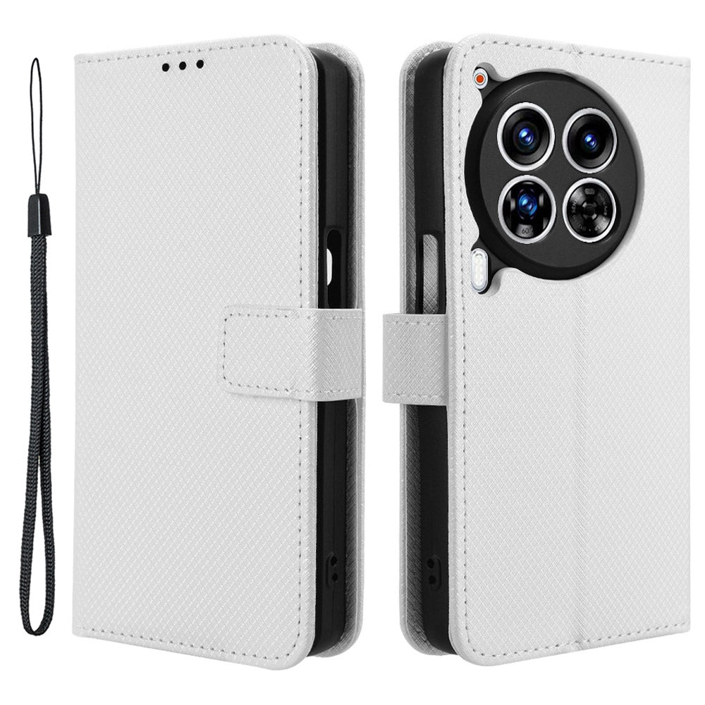 For Transsion Tecno Camon 30 Premier 5G CL9 Case Diamond Texture Leather Phone Cover with Wrist Strap - White