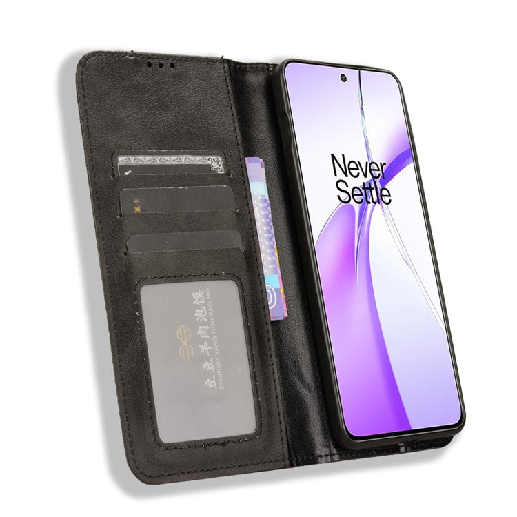 For OnePlus Nord CE4 5G / Oppo K12 Wallet Case Magnetic Closing Retro Leather Phone Cover - Black