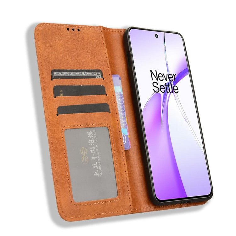 For OnePlus Nord CE4 5G / Oppo K12 Wallet Case Magnetic Closing Retro Leather Phone Cover - Brown