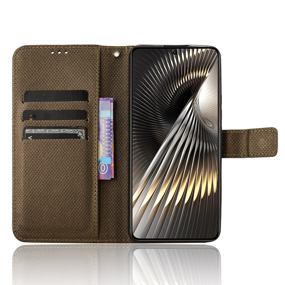 For Xiaomi Redmi Turbo 3 5G Case Diamond Texture Foldable Stand Phone Cover with Hand Strap - Brown