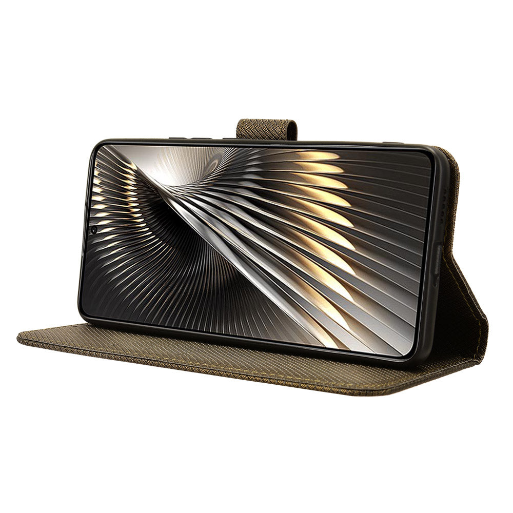 For Xiaomi Redmi Turbo 3 5G Case Diamond Texture Foldable Stand Phone Cover with Hand Strap - Brown