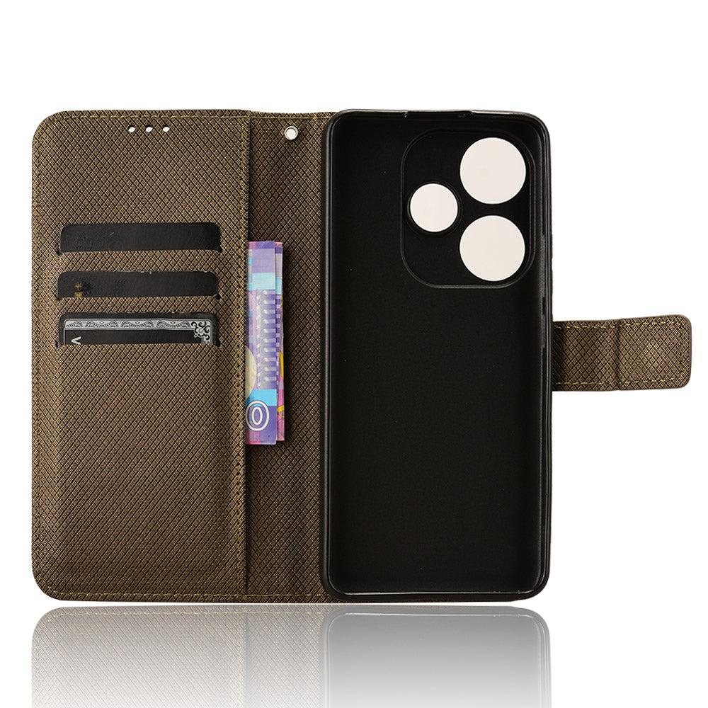For Xiaomi Redmi Turbo 3 5G Case Diamond Texture Foldable Stand Phone Cover with Hand Strap - Brown
