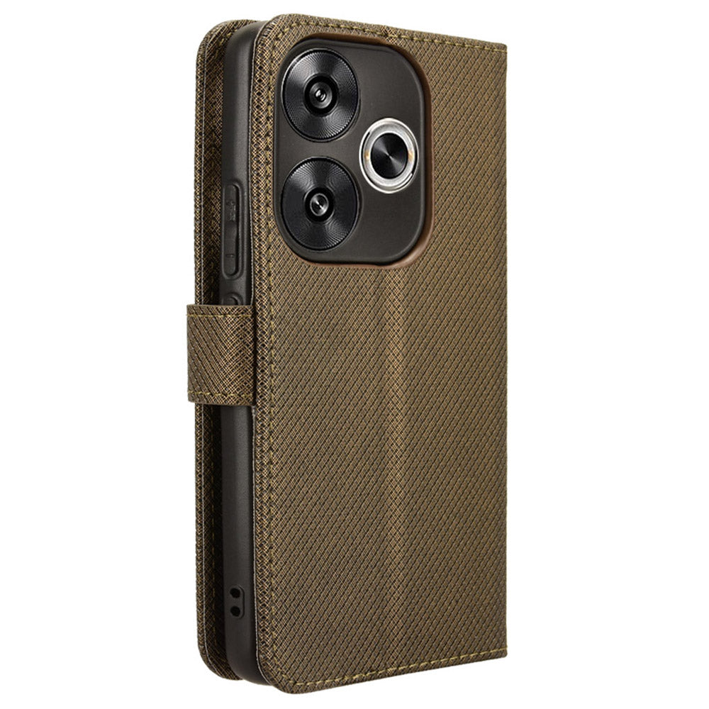 For Xiaomi Redmi Turbo 3 5G Case Diamond Texture Foldable Stand Phone Cover with Hand Strap - Brown
