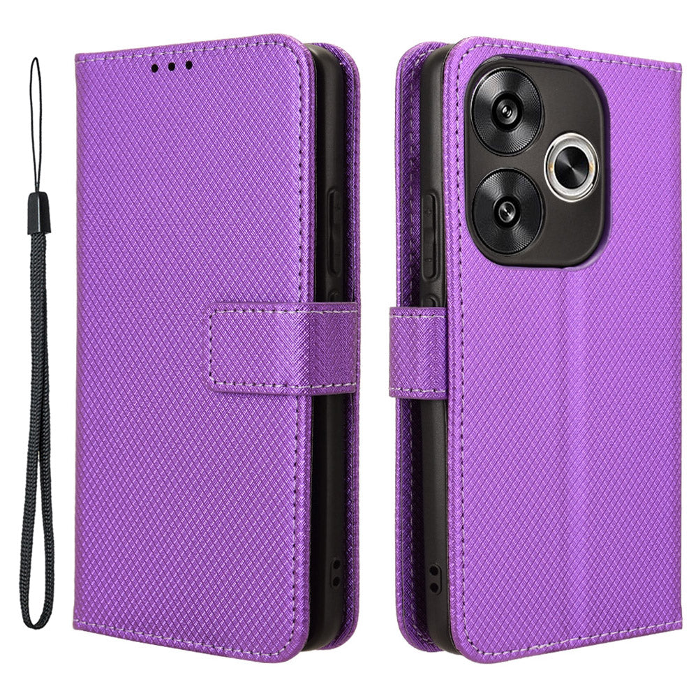 For Xiaomi Redmi Turbo 3 5G Case Diamond Texture Foldable Stand Phone Cover with Hand Strap - Purple
