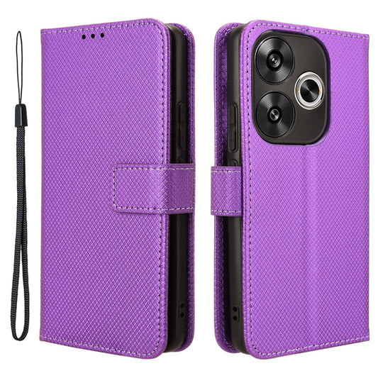For Xiaomi Redmi Turbo 3 5G Case Diamond Texture Foldable Stand Phone Cover with Hand Strap - Purple