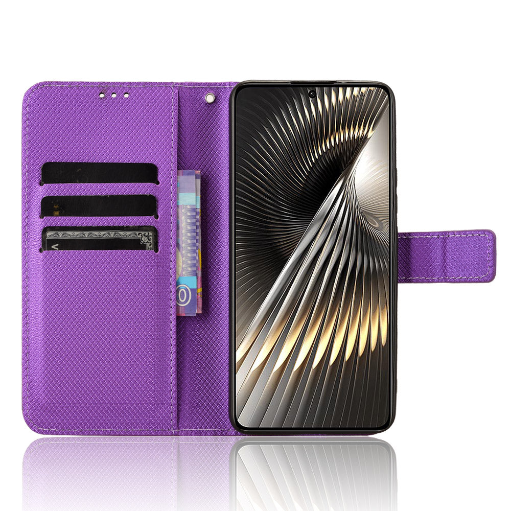 For Xiaomi Redmi Turbo 3 5G Case Diamond Texture Foldable Stand Phone Cover with Hand Strap - Purple