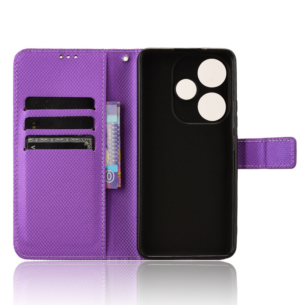 For Xiaomi Redmi Turbo 3 5G Case Diamond Texture Foldable Stand Phone Cover with Hand Strap - Purple