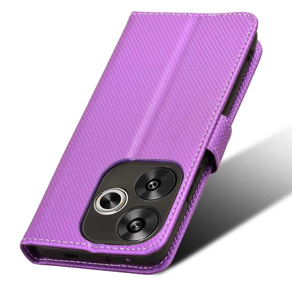 For Xiaomi Redmi Turbo 3 5G Case Diamond Texture Foldable Stand Phone Cover with Hand Strap - Purple