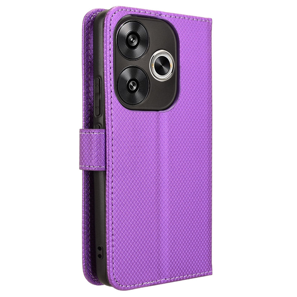 For Xiaomi Redmi Turbo 3 5G Case Diamond Texture Foldable Stand Phone Cover with Hand Strap - Purple