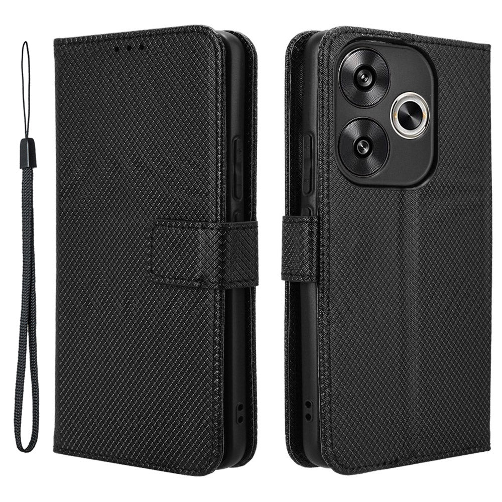 For Xiaomi Redmi Turbo 3 5G Case Diamond Texture Foldable Stand Phone Cover with Hand Strap - Black
