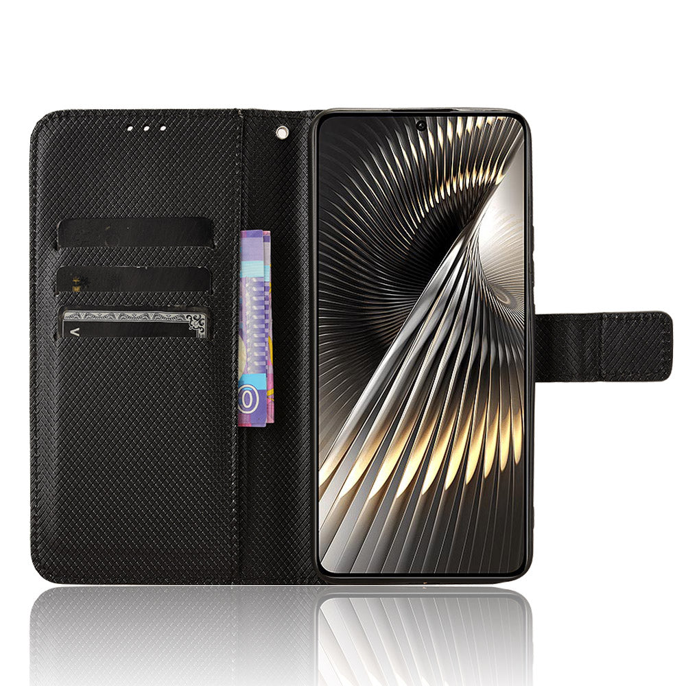For Xiaomi Redmi Turbo 3 5G Case Diamond Texture Foldable Stand Phone Cover with Hand Strap - Black
