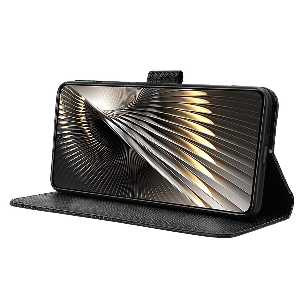 For Xiaomi Redmi Turbo 3 5G Case Diamond Texture Foldable Stand Phone Cover with Hand Strap - Black