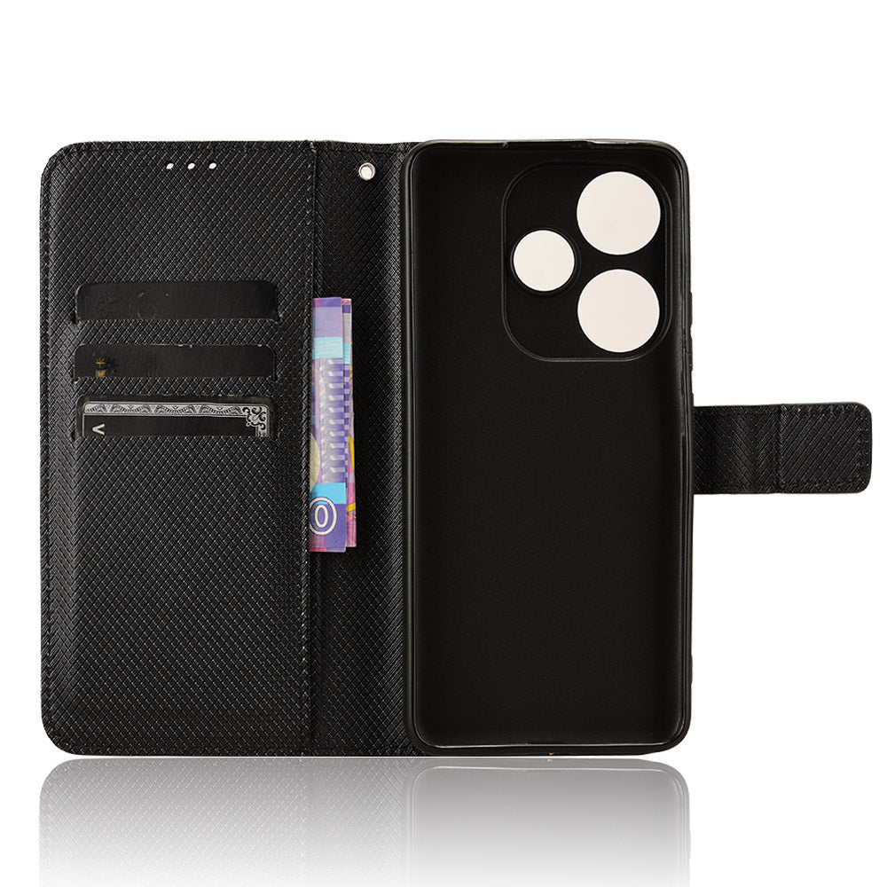 For Xiaomi Redmi Turbo 3 5G Case Diamond Texture Foldable Stand Phone Cover with Hand Strap - Black