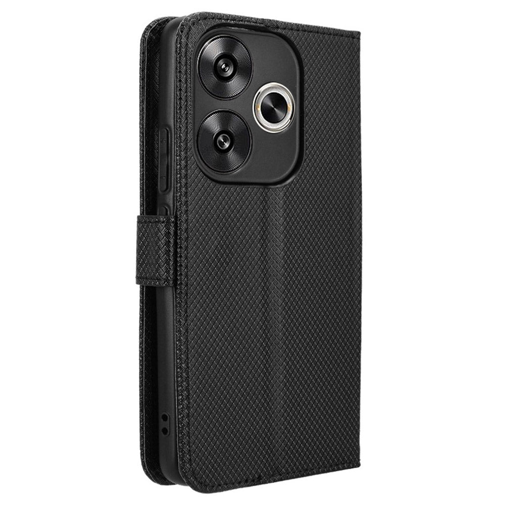 For Xiaomi Redmi Turbo 3 5G Case Diamond Texture Foldable Stand Phone Cover with Hand Strap - Black