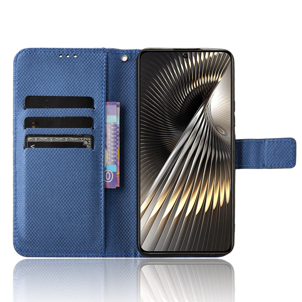 For Xiaomi Redmi Turbo 3 5G Case Diamond Texture Foldable Stand Phone Cover with Hand Strap - Blue