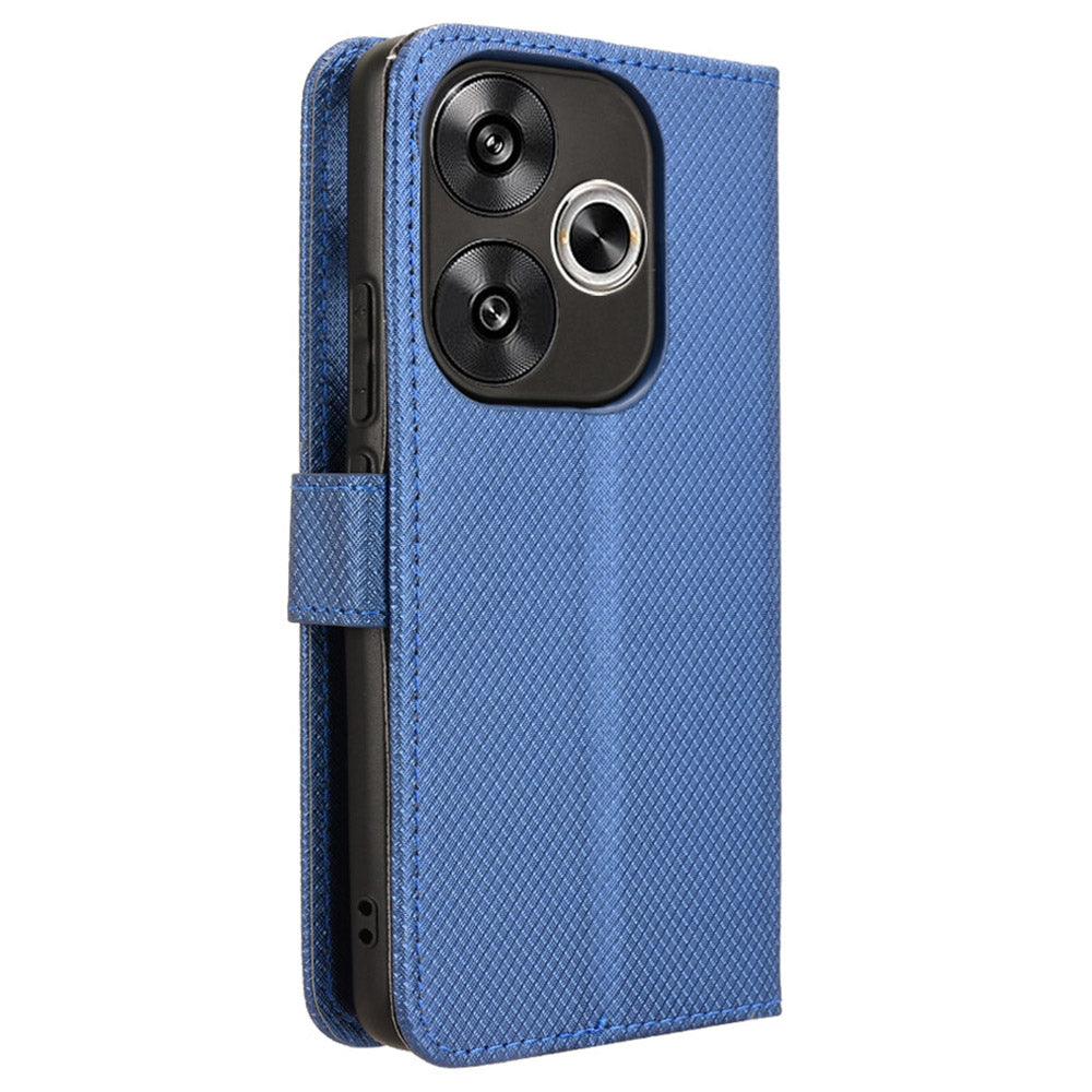 For Xiaomi Redmi Turbo 3 5G Case Diamond Texture Foldable Stand Phone Cover with Hand Strap - Blue
