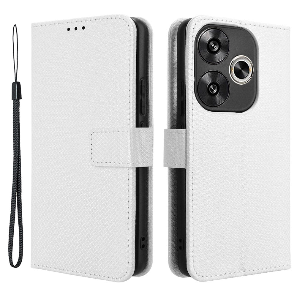 For Xiaomi Redmi Turbo 3 5G Case Diamond Texture Foldable Stand Phone Cover with Hand Strap - White