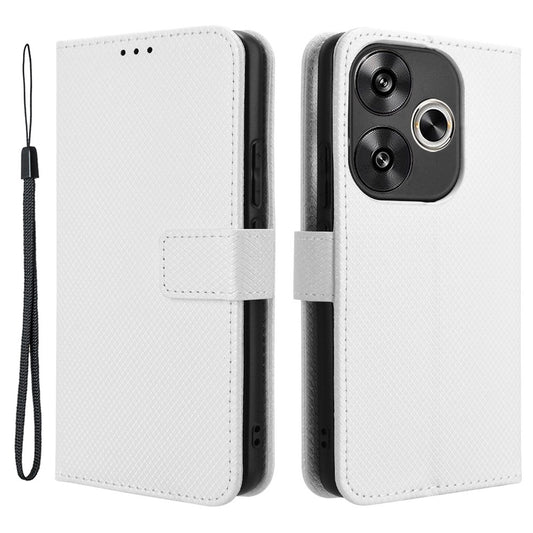 For Xiaomi Redmi Turbo 3 5G Case Diamond Texture Foldable Stand Phone Cover with Hand Strap - White