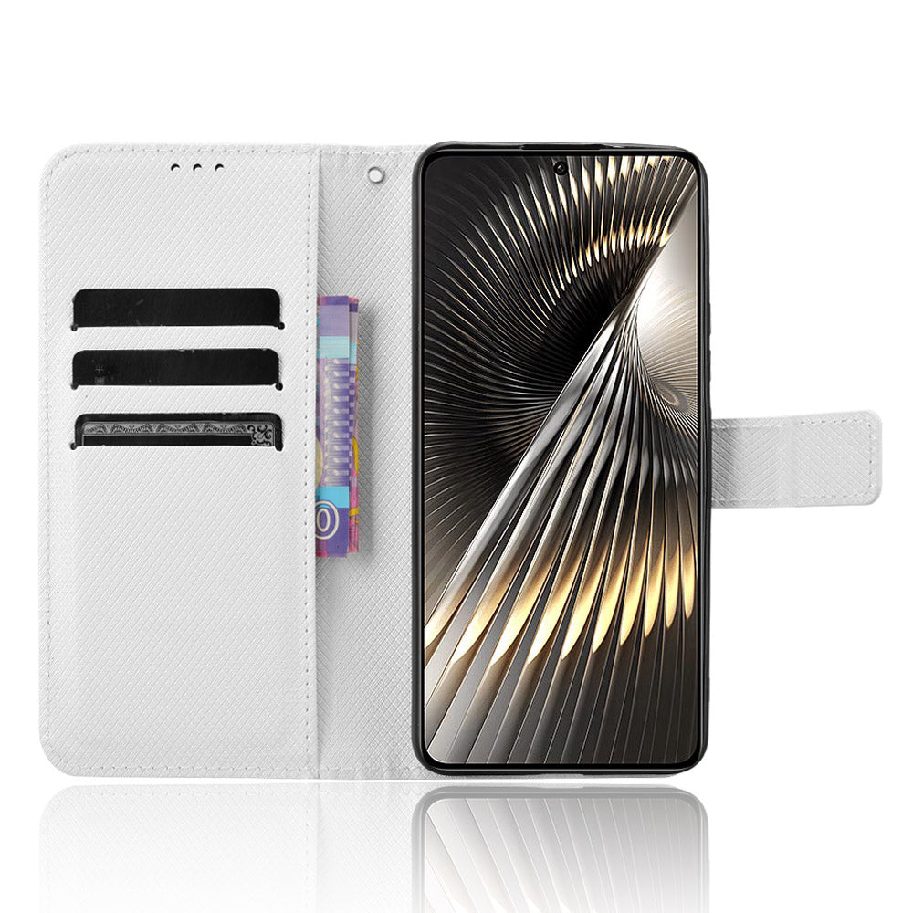 For Xiaomi Redmi Turbo 3 5G Case Diamond Texture Foldable Stand Phone Cover with Hand Strap - White