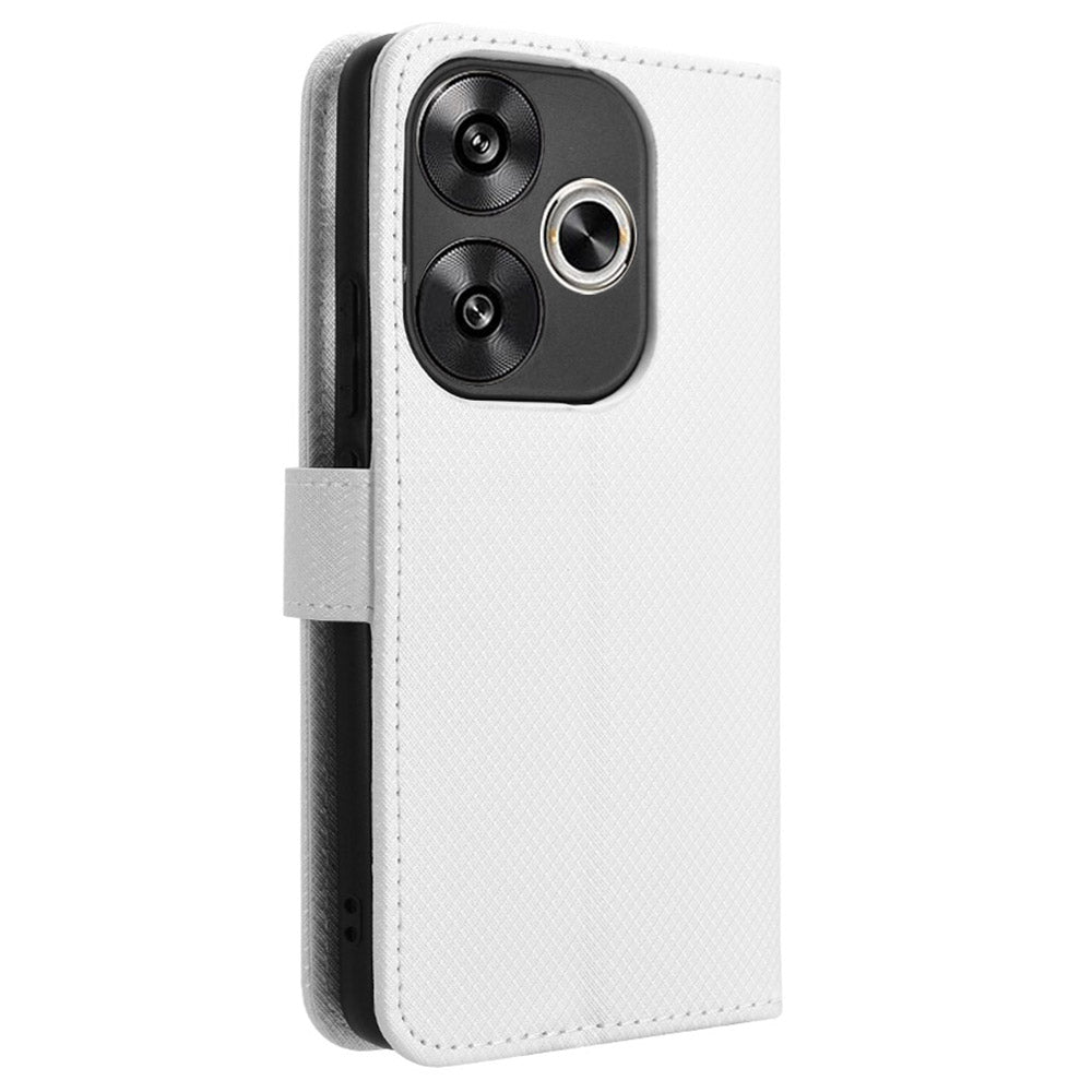 For Xiaomi Redmi Turbo 3 5G Case Diamond Texture Foldable Stand Phone Cover with Hand Strap - White