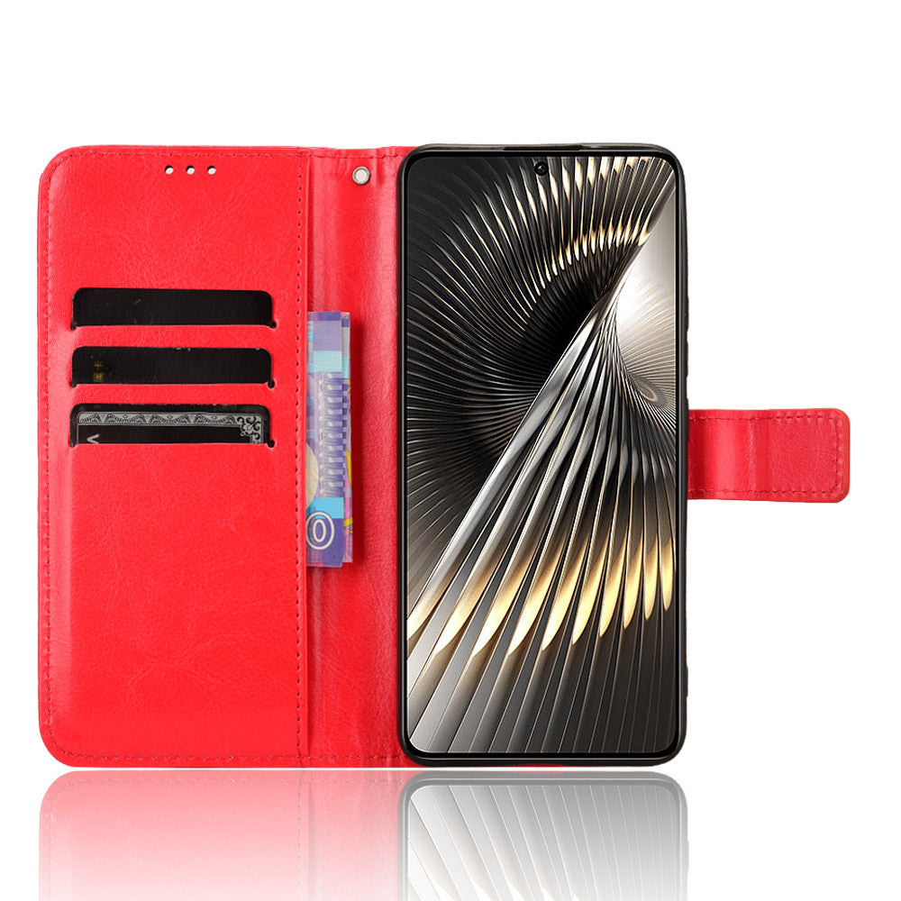 For Xiaomi Redmi Turbo 3 5G Case with Wrist Strap Crazy Horse Texture Magnetic Clasp Phone Cover - Red