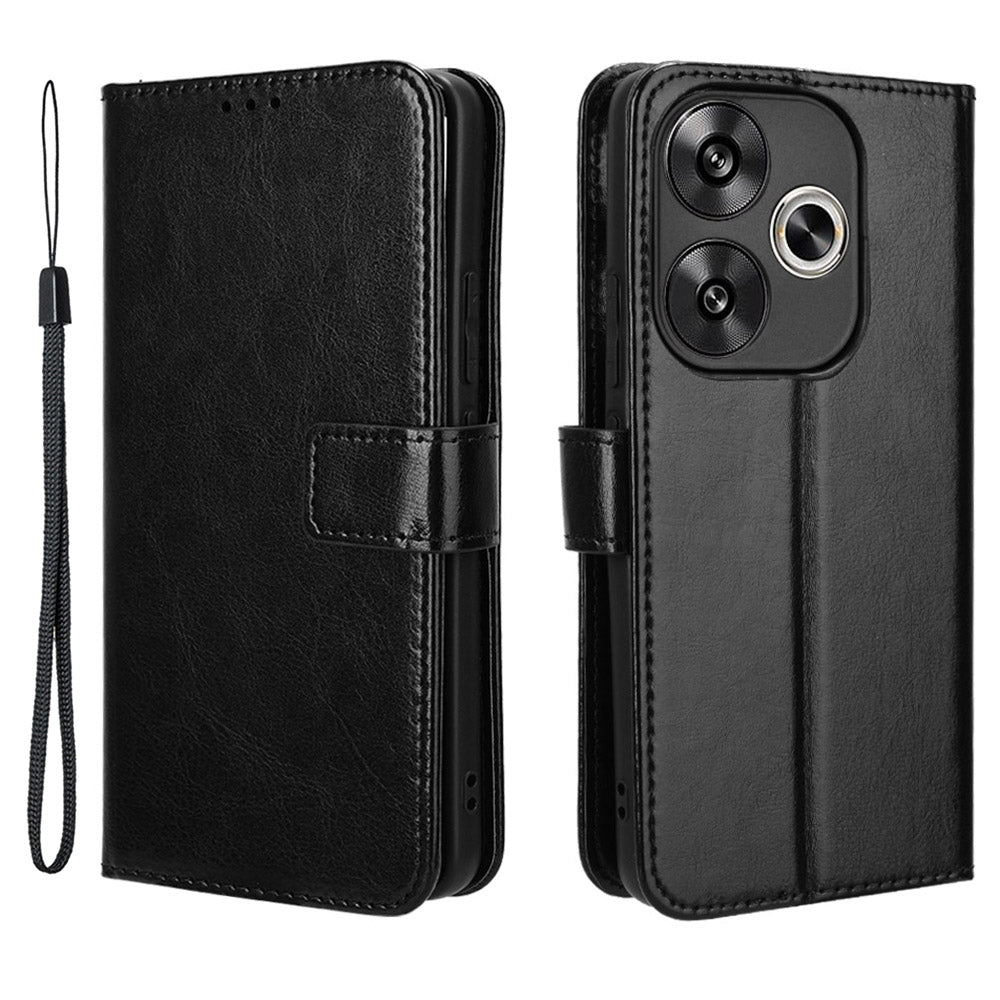 For Xiaomi Redmi Turbo 3 5G Case with Wrist Strap Crazy Horse Texture Magnetic Clasp Phone Cover - Black