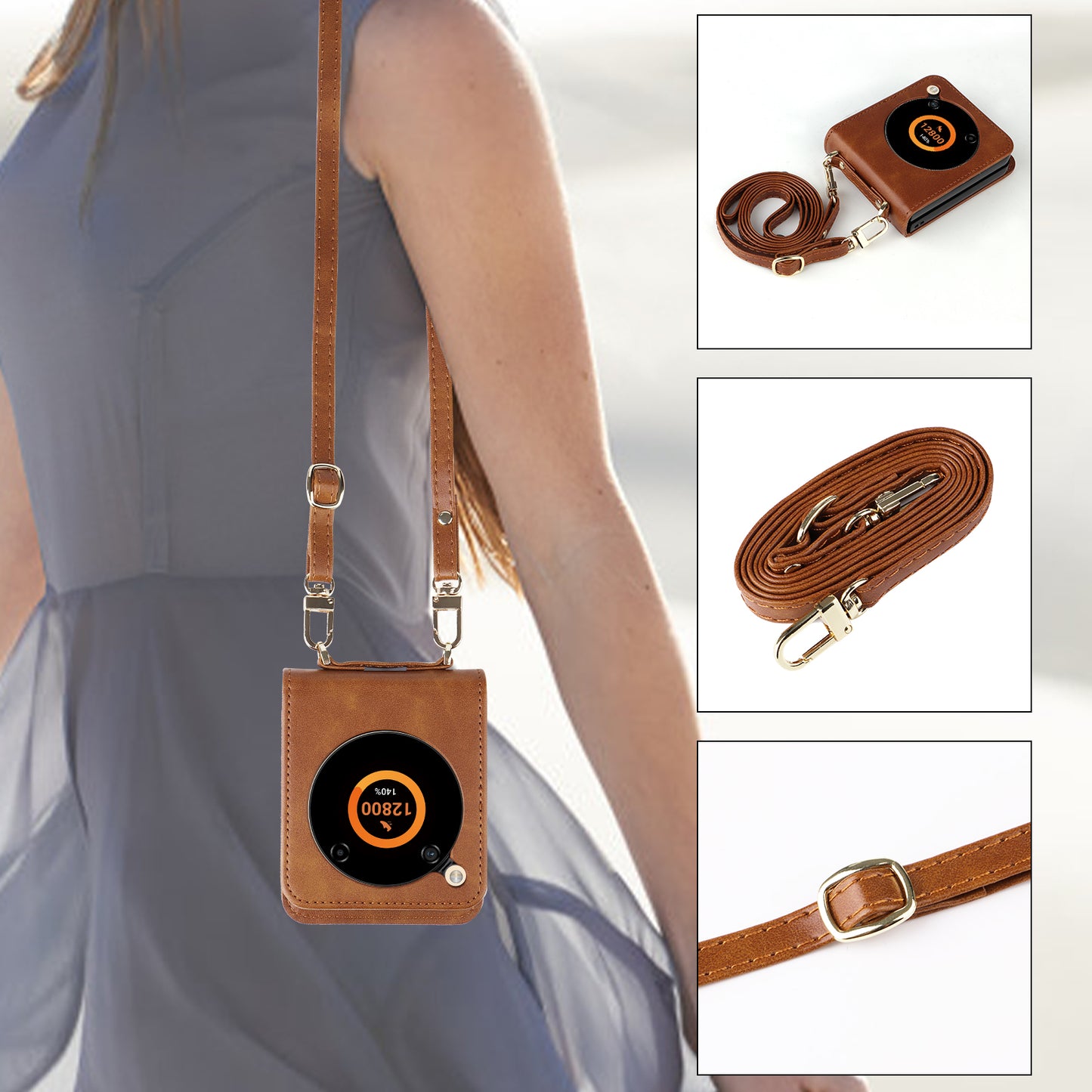 For ZTE nubia Flip 5G / Libero Flip A304ZT Case Card Holder Leather Phone Cover with Lanyard - Brown