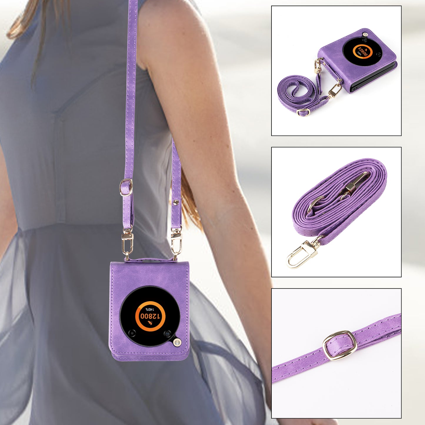 For ZTE nubia Flip 5G / Libero Flip A304ZT Case Card Holder Leather Phone Cover with Lanyard - Purple