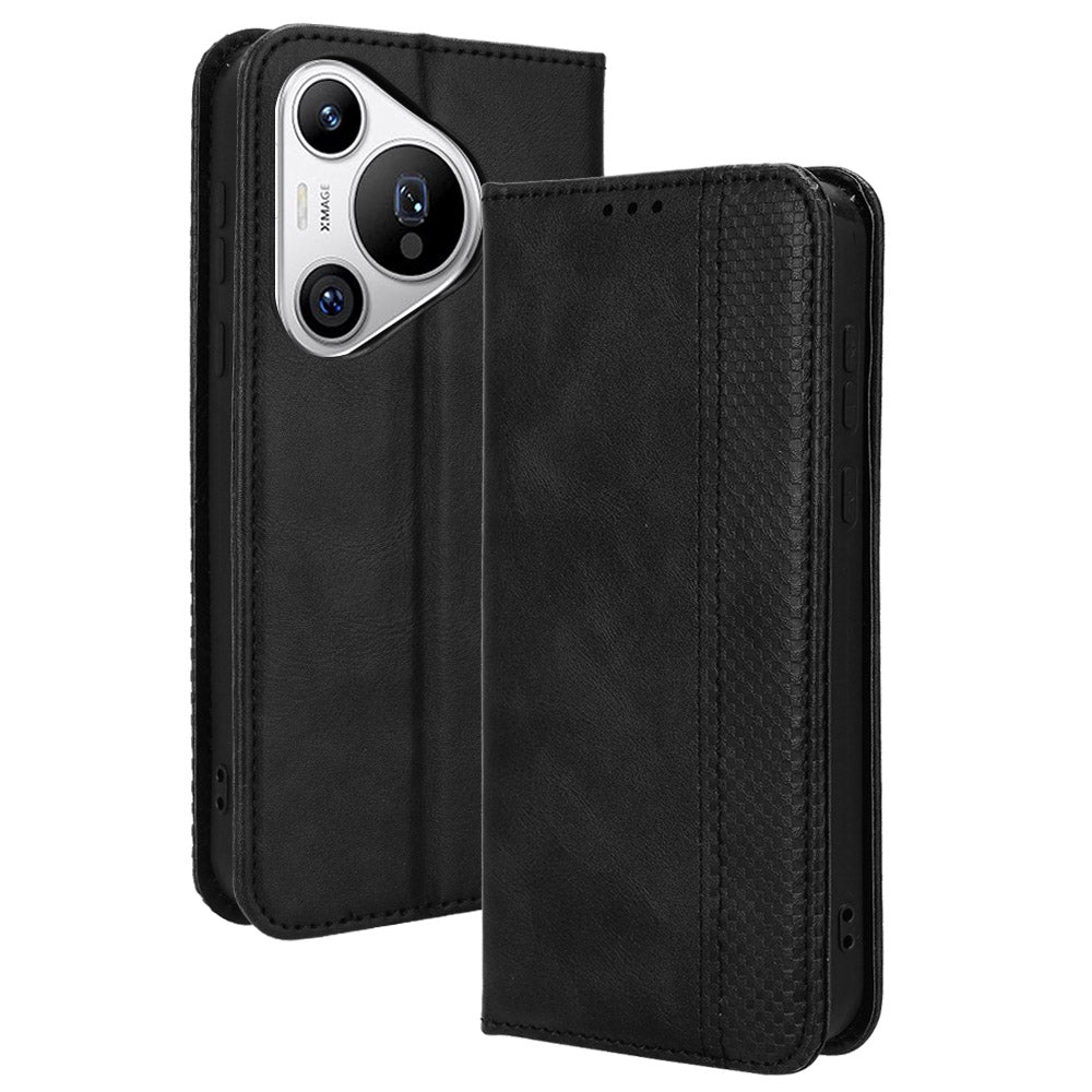 For Huawei Pura 70 Case Stand Wallet Retro Texture Leather Flip Phone Cover - Black