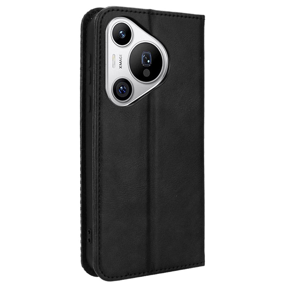 For Huawei Pura 70 Case Stand Wallet Retro Texture Leather Flip Phone Cover - Black
