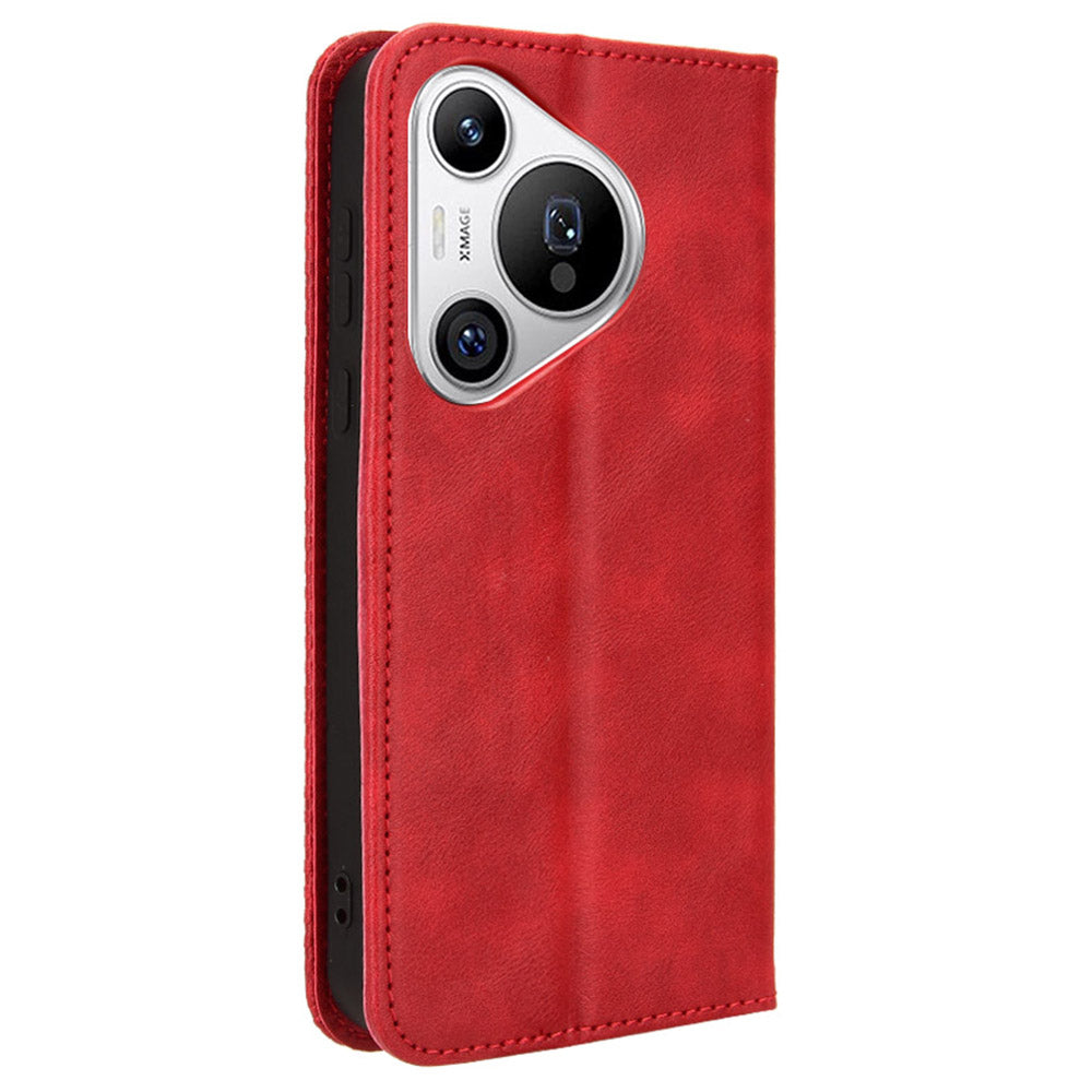 For Huawei Pura 70 Case Stand Wallet Retro Texture Leather Flip Phone Cover - Red