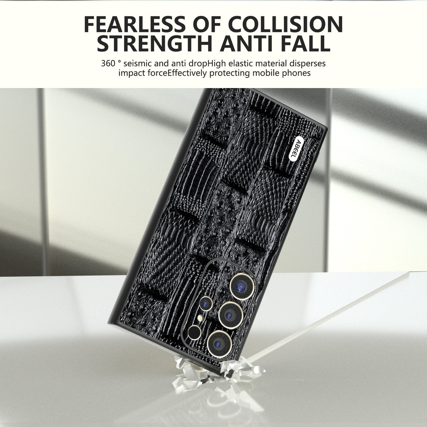 ABEEL For Samsung Galaxy S24 Ultra Case Mahjong Texture Genuine Cow Leather Shockproof Back Cover - Black