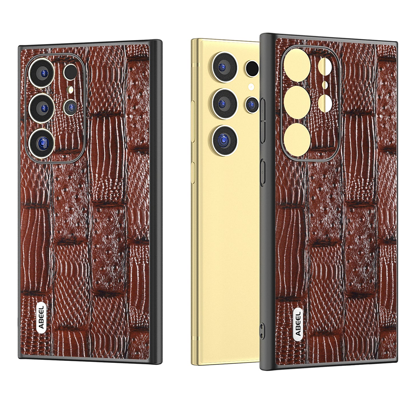 ABEEL For Samsung Galaxy S24 Ultra Case Mahjong Texture Genuine Cow Leather Shockproof Back Cover - Brown