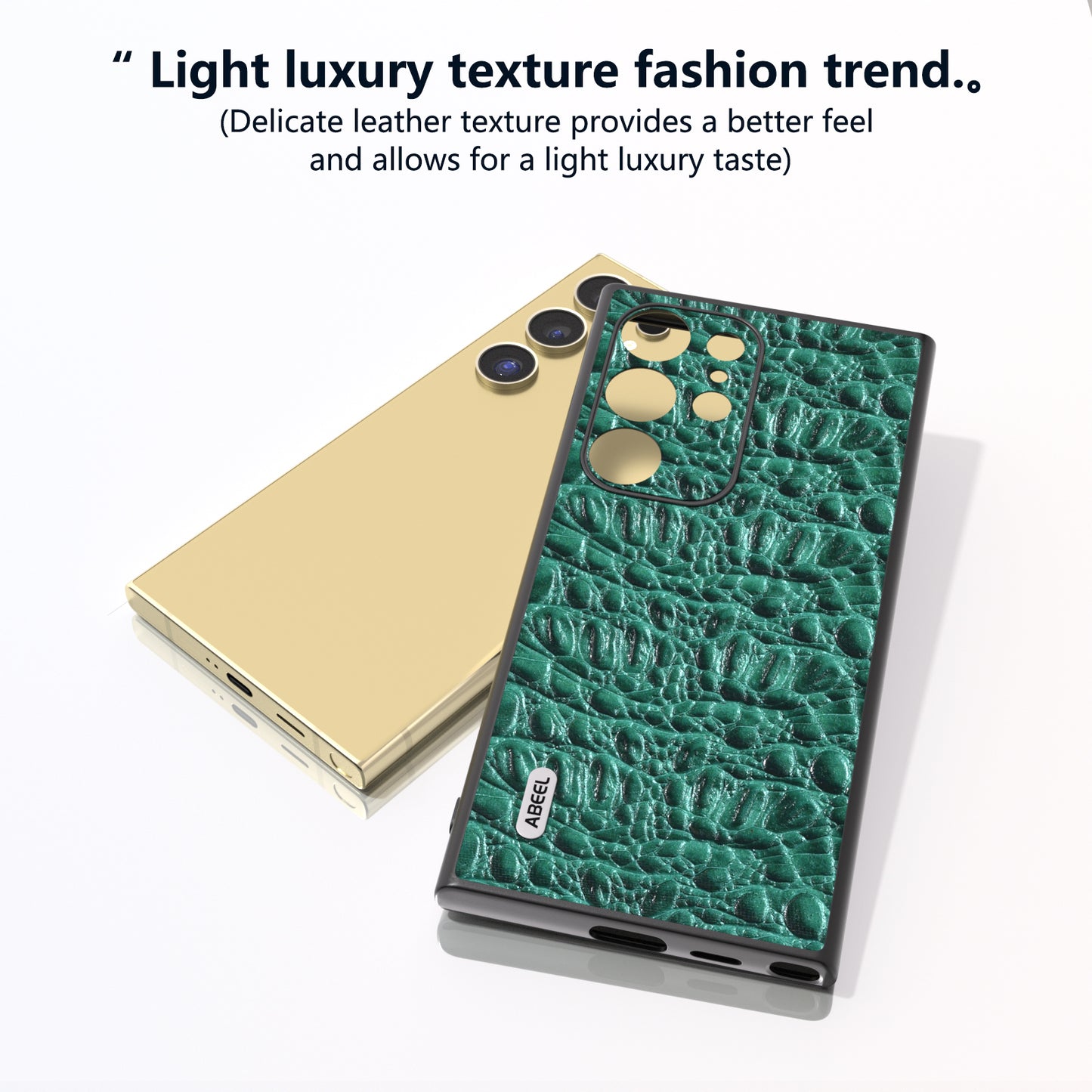 ABEEL For Samsung Galaxy S24 Ultra Case Canopy Texture Genuine Cow Leather Back Cover Camera Protection - Green