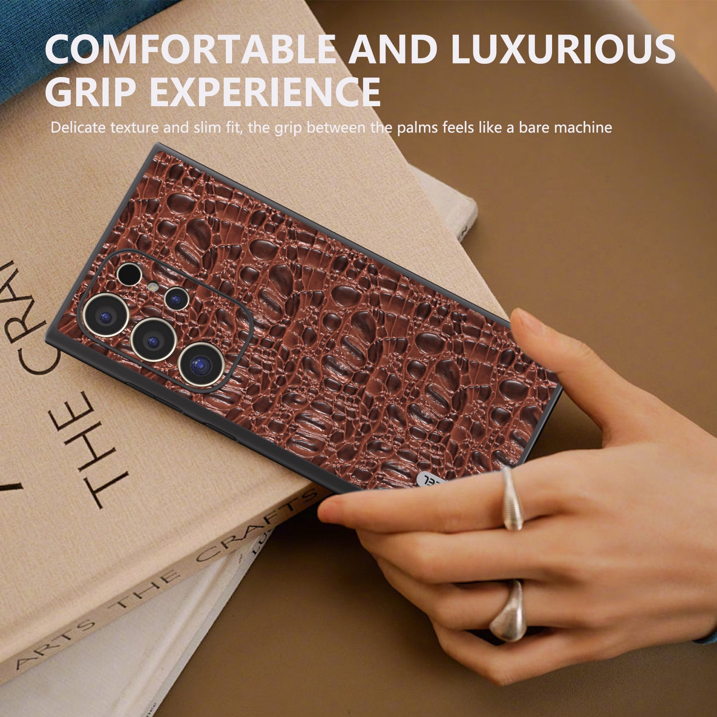 ABEEL For Samsung Galaxy S24 Ultra Case Canopy Texture Genuine Cow Leather Back Cover Camera Protection - Brown