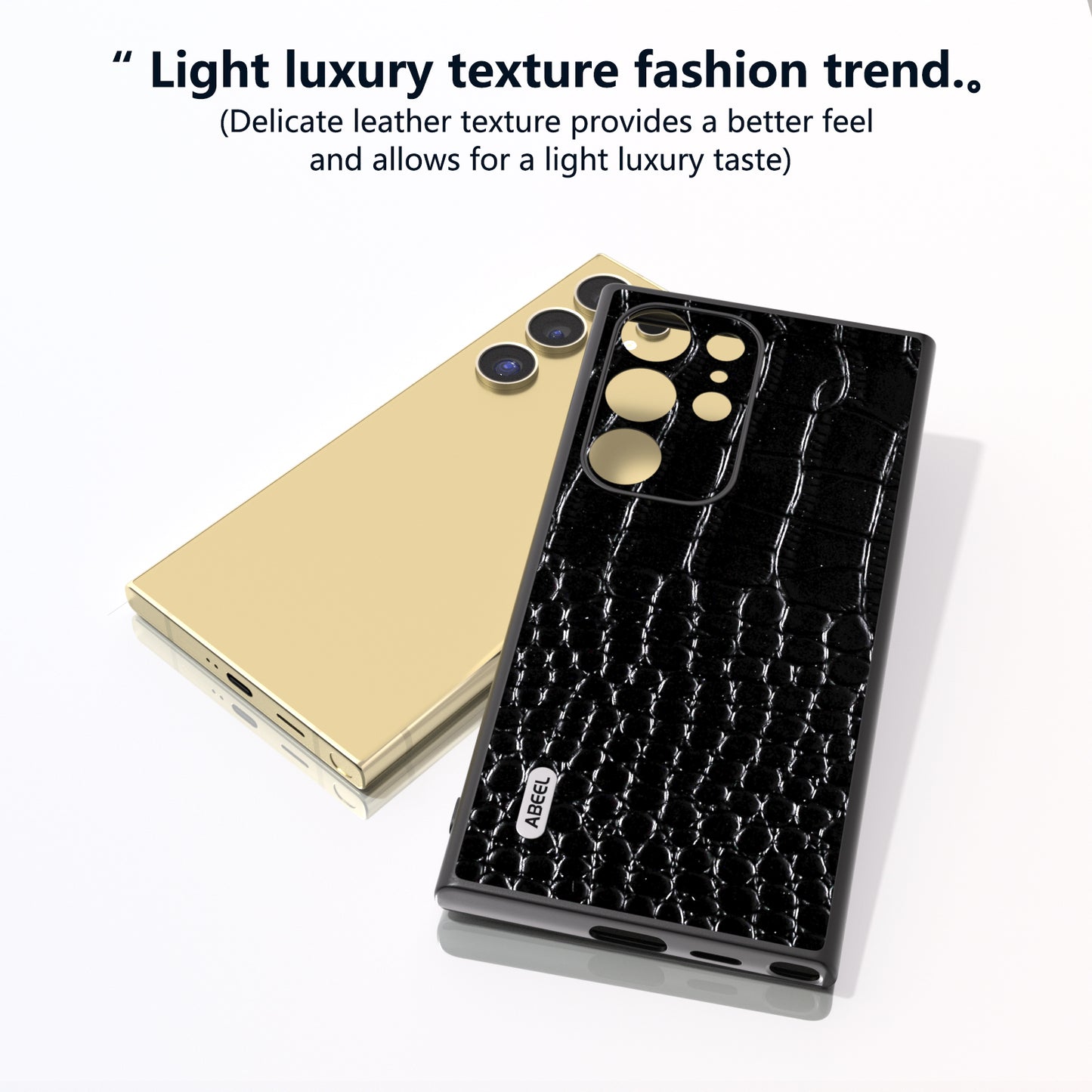 ABEEL For Samsung Galaxy S24 Ultra Case Crocodile Texture Genuine Cow Leather+PC+TPU Anti-Drop Phone Cover - Black