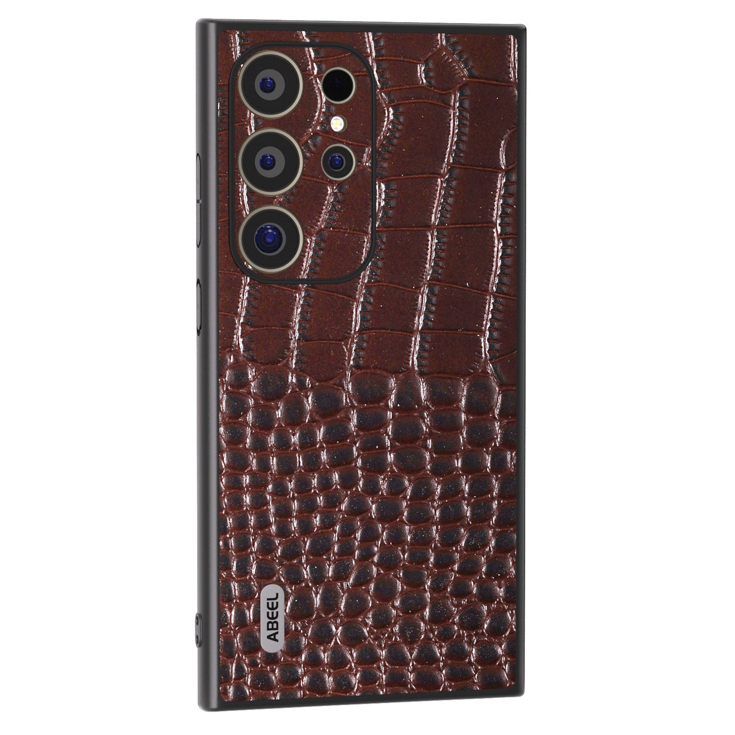 ABEEL For Samsung Galaxy S24 Ultra Case Crocodile Texture Genuine Cow Leather+PC+TPU Anti-Drop Phone Cover - Coffee
