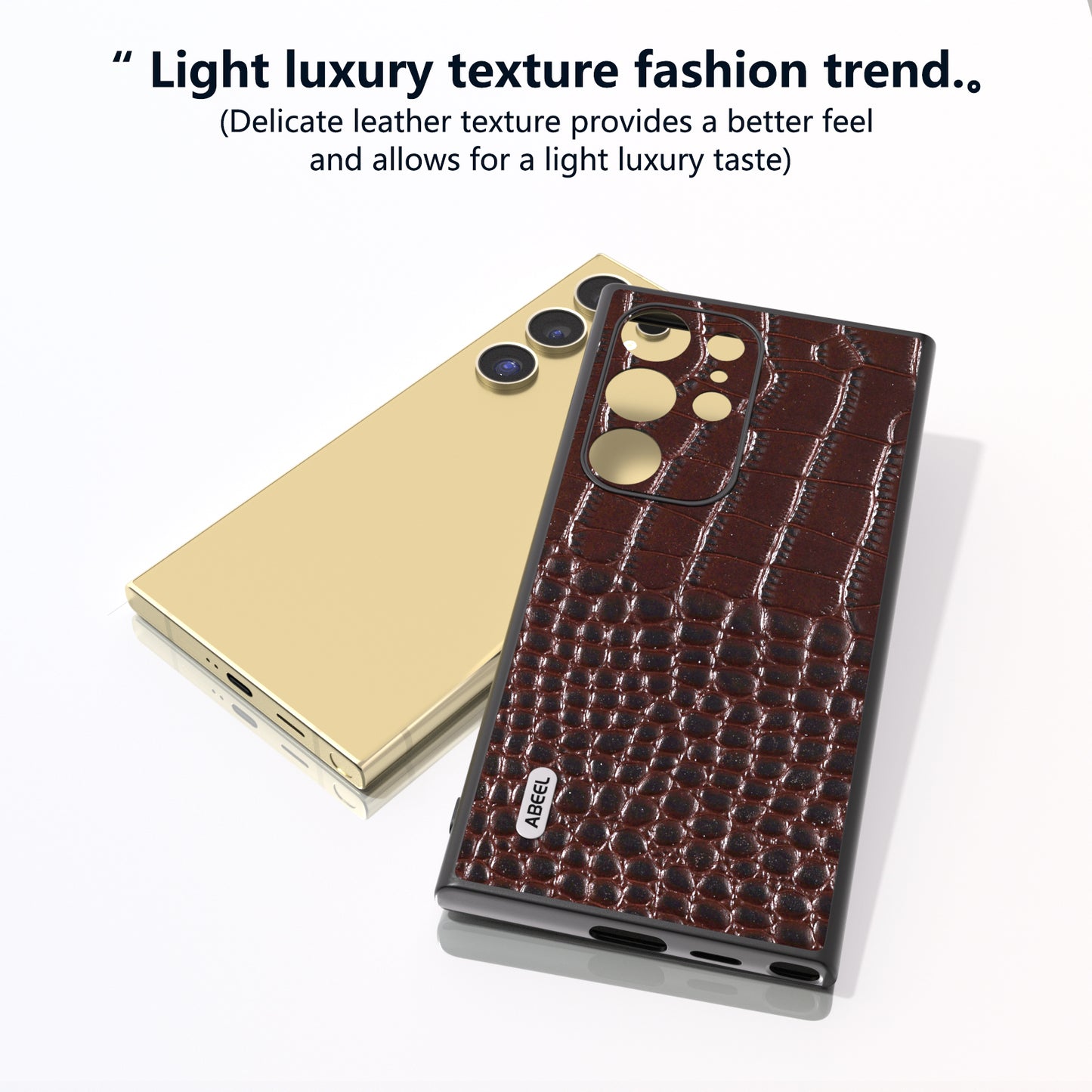 ABEEL For Samsung Galaxy S24 Ultra Case Crocodile Texture Genuine Cow Leather+PC+TPU Anti-Drop Phone Cover - Coffee