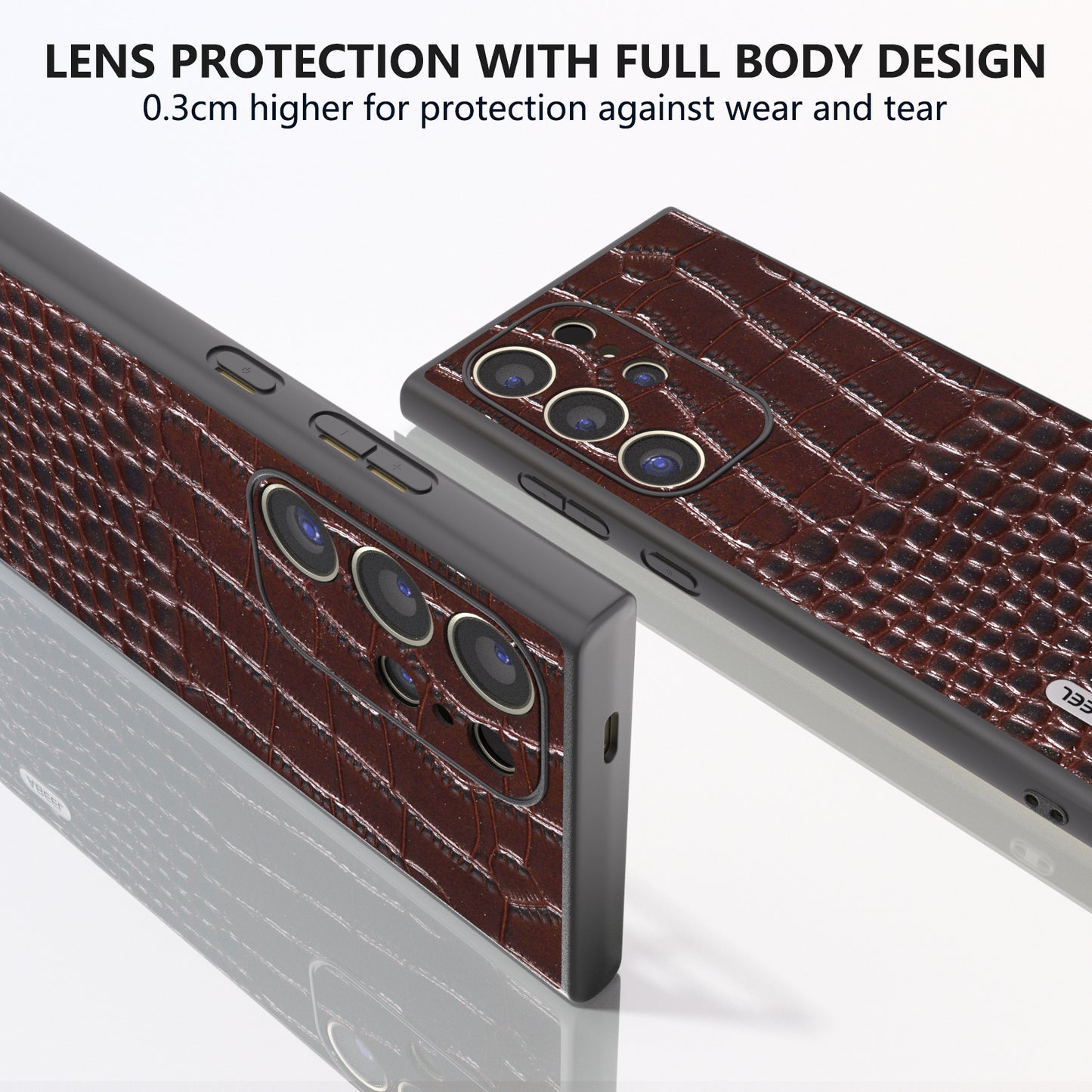 ABEEL For Samsung Galaxy S24 Ultra Case Crocodile Texture Genuine Cow Leather+PC+TPU Anti-Drop Phone Cover - Coffee