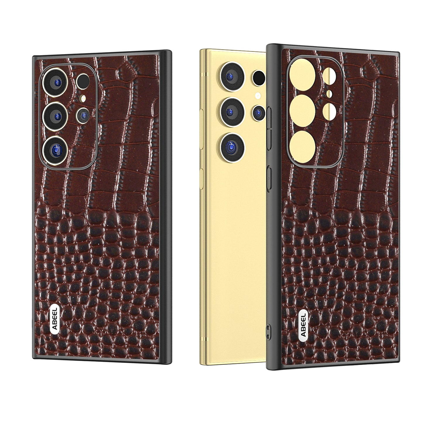 ABEEL For Samsung Galaxy S24 Ultra Case Crocodile Texture Genuine Cow Leather+PC+TPU Anti-Drop Phone Cover - Coffee