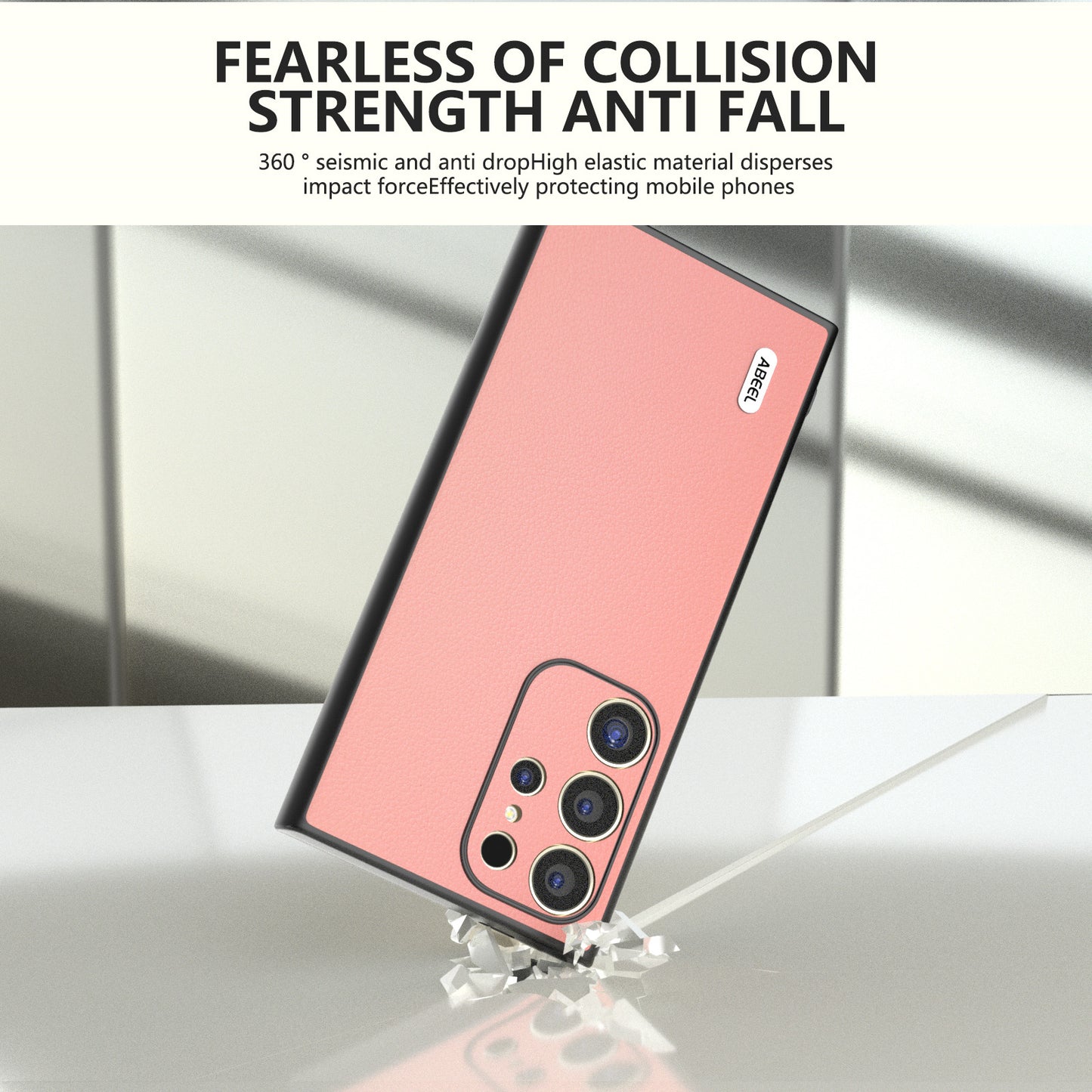 ABEEL For Samsung Galaxy S24 Ultra Case Textured Genuine Cow Leather Anti-Fingerprint Protective Cover - Pink