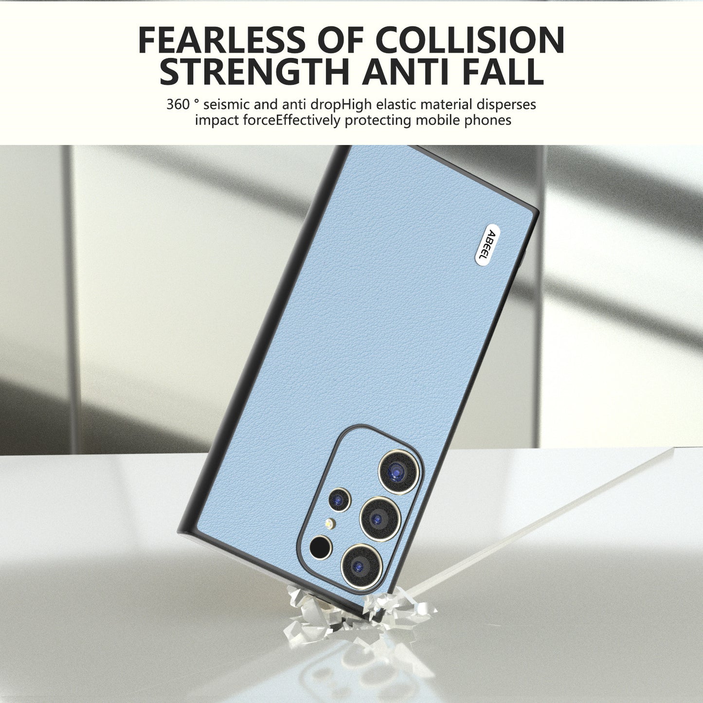 ABEEL For Samsung Galaxy S24 Ultra Case Textured Genuine Cow Leather Anti-Fingerprint Protective Cover - Blue