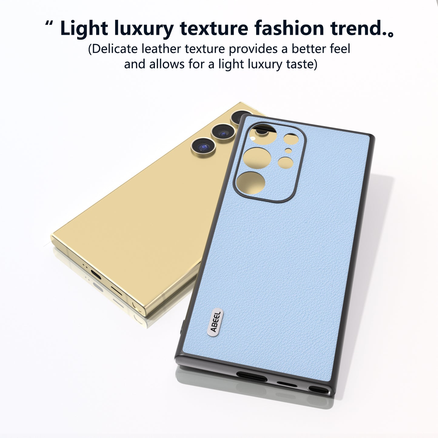 ABEEL For Samsung Galaxy S24 Ultra Case Textured Genuine Cow Leather Anti-Fingerprint Protective Cover - Blue